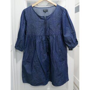Blue Jean Baby Doll Top Tunic Tassel Embroidered Floral Boho 100% Cotton